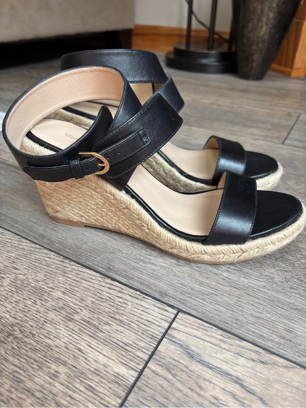 Stuart Weitzman Lexia Espadrille Leather Ankle Strap Black Wedge Sandal Sz 8